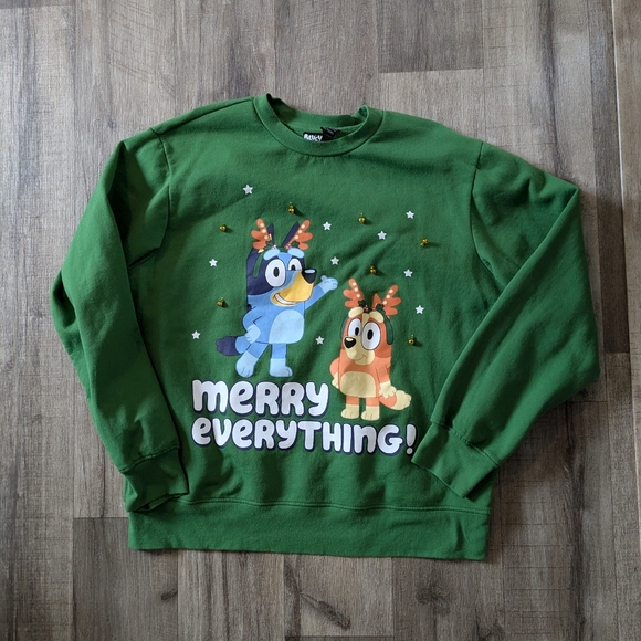 Bluey Green Merry Everything (Christmas) Hannukah Kwanza  Sweater Size XL Bells - Picture 1 of 2